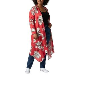 Denim 24/7 Red Floral Kimono Duster Cardigan Women’s Size M/L NWOT